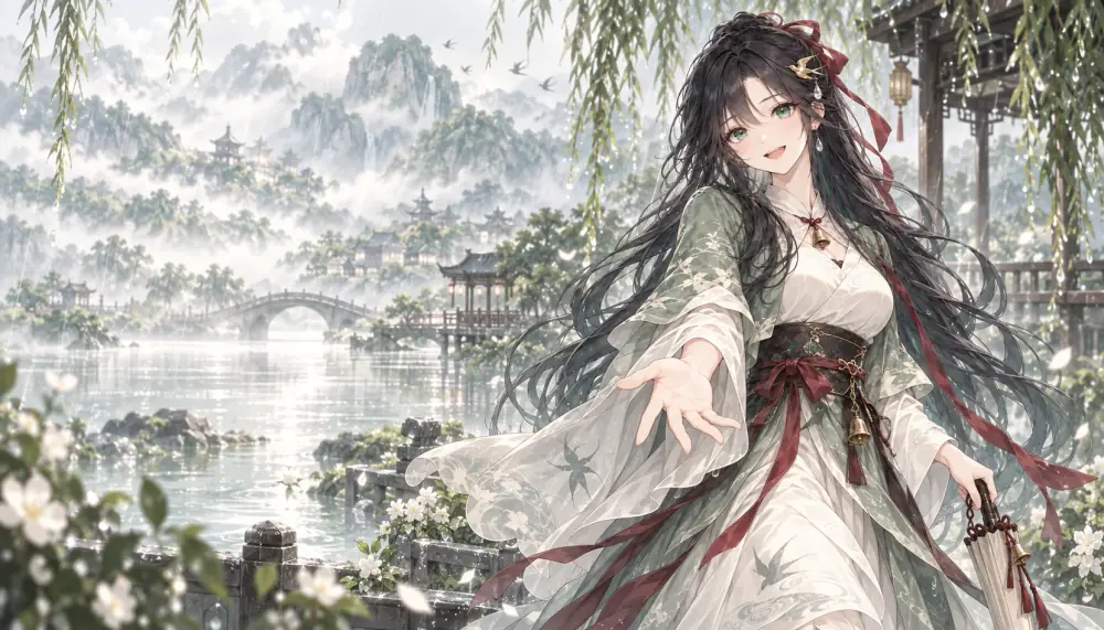 长歌娘：墨发青衣，佩戴燕子发饰，撑伞迎接大家
