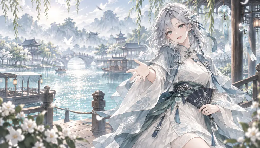 长歌渡娘：银蓝短发，水纹蓝衣，手持折扇挥手欢迎