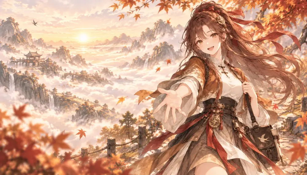 长歌行娘：棕色高马尾，暖色旅装，背着行囊邀请同行